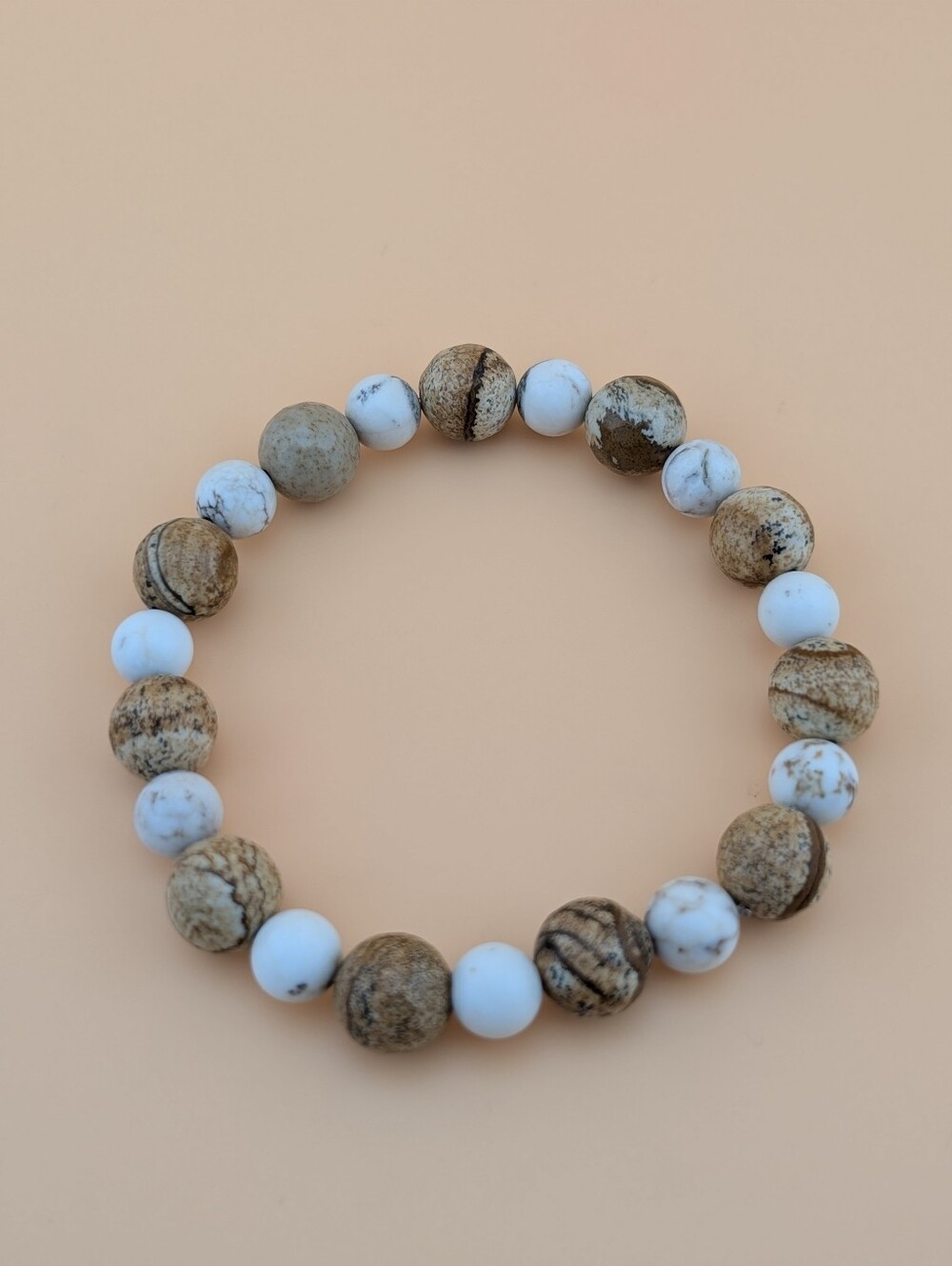 White & Brown Stone Bead Bracelet - Neutral Earth Tones - Upcycled Vintage
